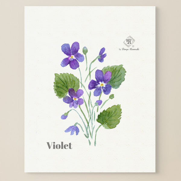 Wildflowers wall art - violets painting. Watercolor violets home decor | Darya Karenski