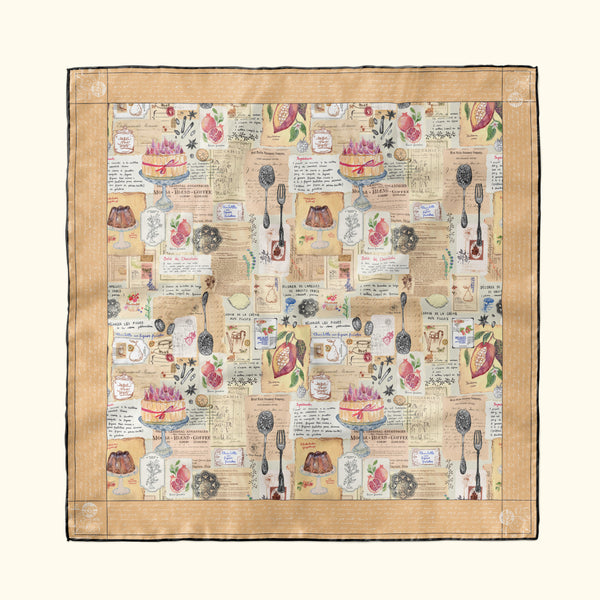 Artist square silk scarf by Darya Karenski  with vintage journal recipes