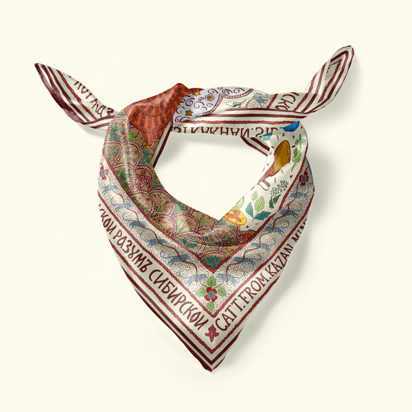 Russian Medieval cat silk scarf by Darya Karenski. Tied scarf