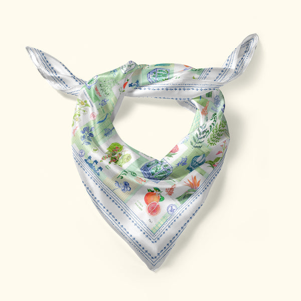 Silk scarf Plantomania by Darya Karenski. Soft green botanical illustration silk