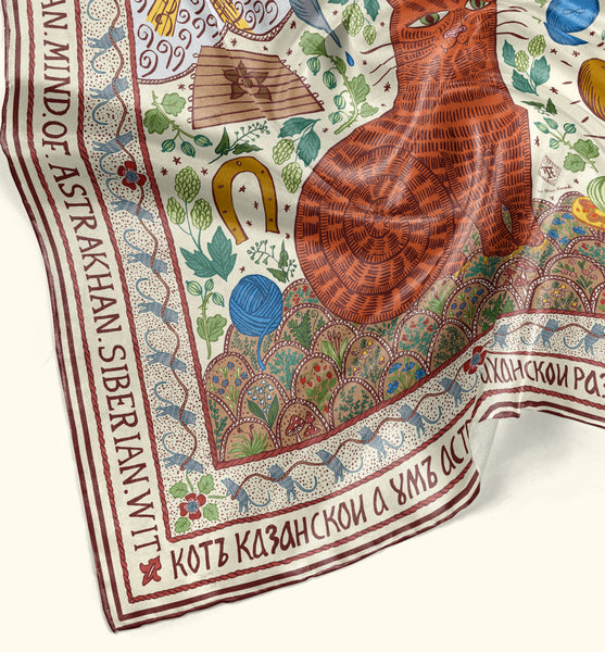 Russian Medieval cat silk scarf by Darya Karenski. Closeup of fabric