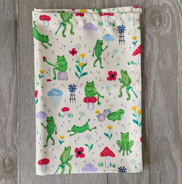 Luxury kitchen towel with happy frogs by Pattern Talent