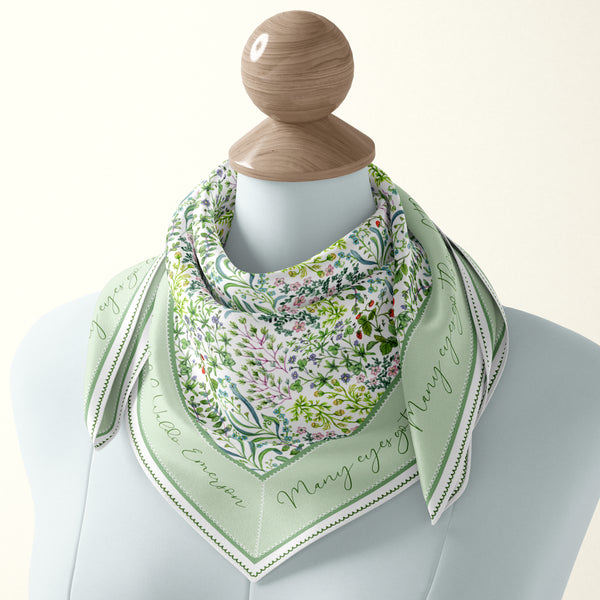 ditsy floral Silk scarf by Darya Karenski with meadow plants and herbs and a Ralph Waldo Emerson quote in script
