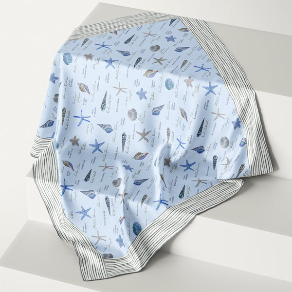 Naturalist history lover gift - silk scarf with shells Latin names. Pattern talent by Darya Karenski