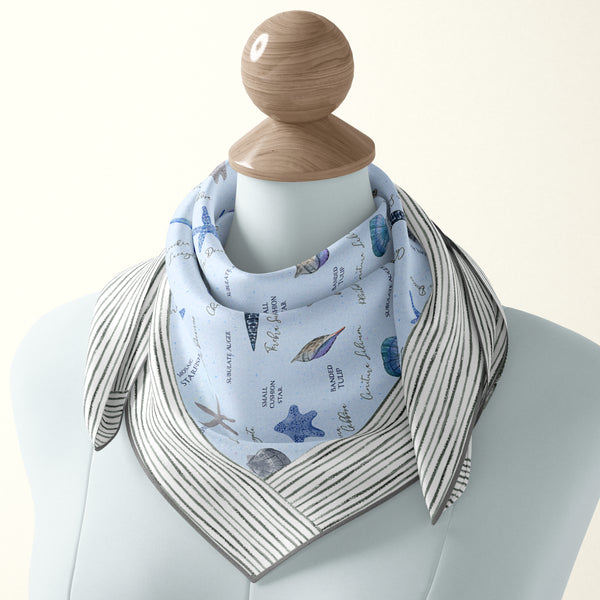 Sophisticated light blue sea shells silk scarf by Darya Karenski