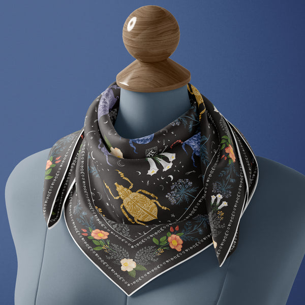 Black silk night inspired scarf with big floral bugs, moons and stars by Darya Karenski