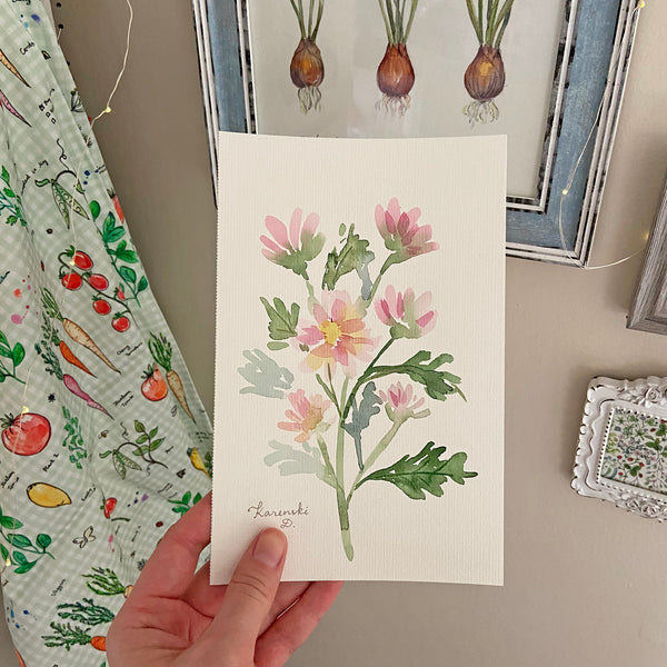 Darya Karenski gestural floral watercolor painting - pink mums