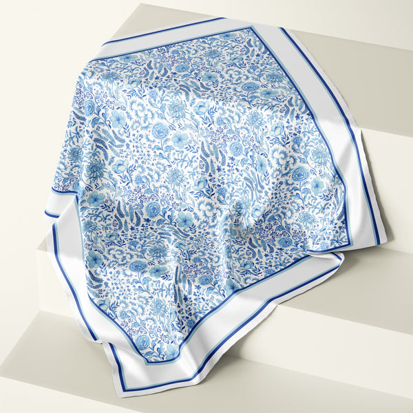 Darya Karenski silk scarf inspired by porcelain blue flowers