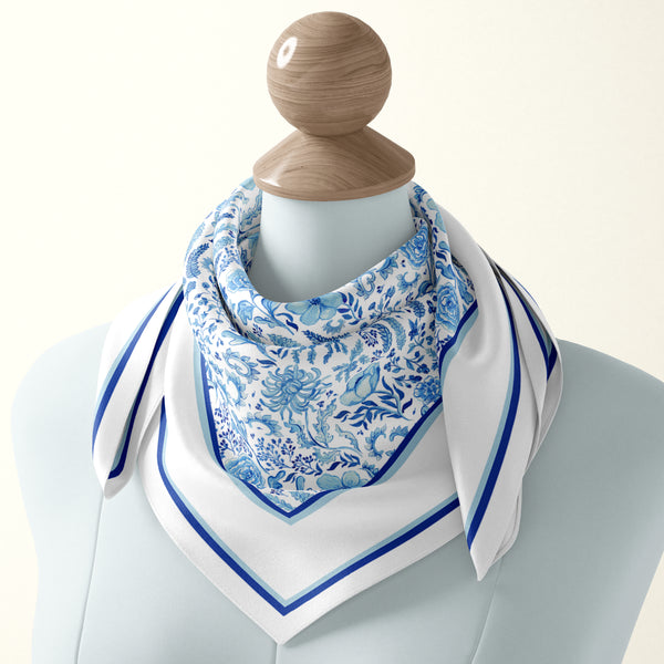 Elegant artist silk scarf by Darya Karenski. Porcelain blue floral design. Made in USA