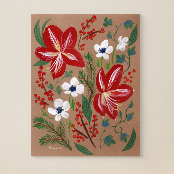 Rustic Farmhouse Christmas Wall Art - red and white floral on brown