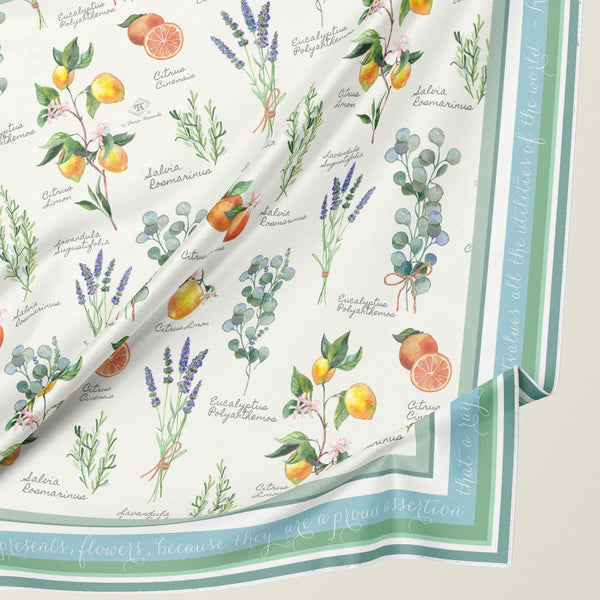 Silk neck scarf with hand painted citrus fruit, aromatic plants and herbs. Green silk scarf gift  for botany lovers