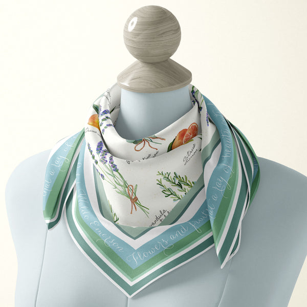 Nature lover gift, US artist painted scarf with watercolor fruit and elegant lettering on border in soft green tones