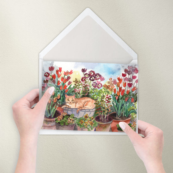 A2 note card with hand painted watercolor garden cat