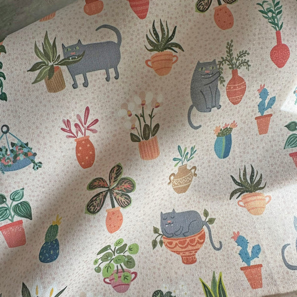 Cat lover gifts for women - high quality linen towel made in USA - cats and houseplants print.