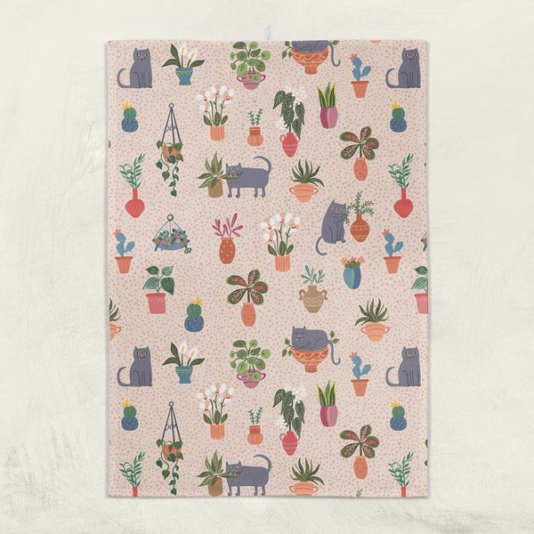Premium quality kitchen towel with cats eating houseplants - animal lover gift.