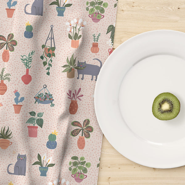 Cat lover gift handmade by the artist in Massachusetts - kitchen or facial towel with houseplants and cats