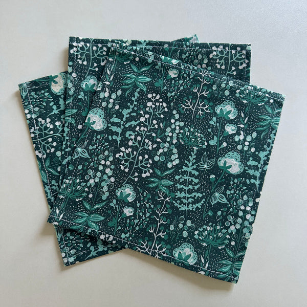 Set of 4 linen cocktail napkins cloth, eco conscious  botanical napkins with white flowers handmade in the USA by textile designer Darya Karenski