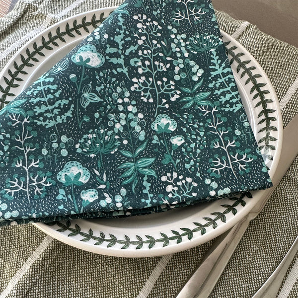 Decorative cotton linen dinner napkins cloth, eco conscious  green and white floral napkins handmade in the USA by textile artist Pattern Talent