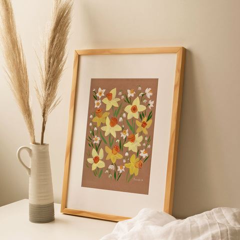 Spring wall art. Yellow and white daffodils giclee print on kraft brown paper.