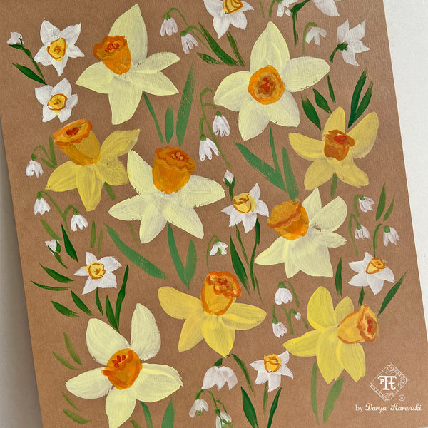 Yellow daffodils art. Daffodils watercolor gouache painting on rustic cottagecore craft brown.