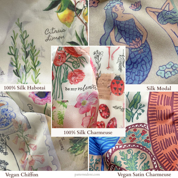 Silk scarves Pattern Talent by Darya Karenski, 100% silk charmeuse, silk habotai, silk modal, vegan chiffon, faux satin charmeuse fabric scarf made in USA