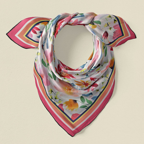 Square silk scarf by Darya Karenski with large watercolor flowers