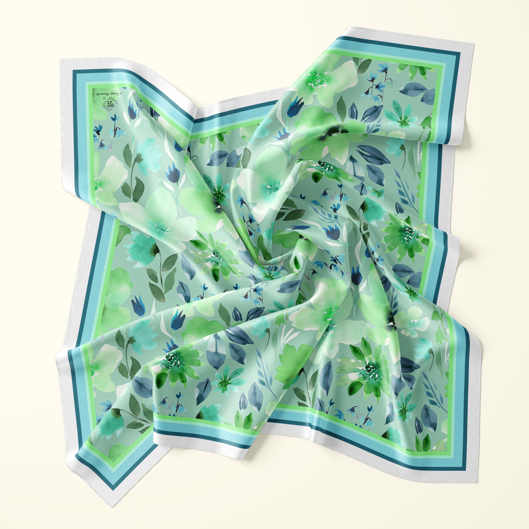 Spring green and navy blue gestural watercolor floral silk scarf by Darya Karenski