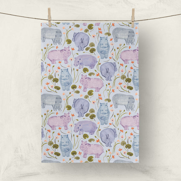 Premium quality kitchen towel with chubby hippos and lotus flowers - animal lover gift.