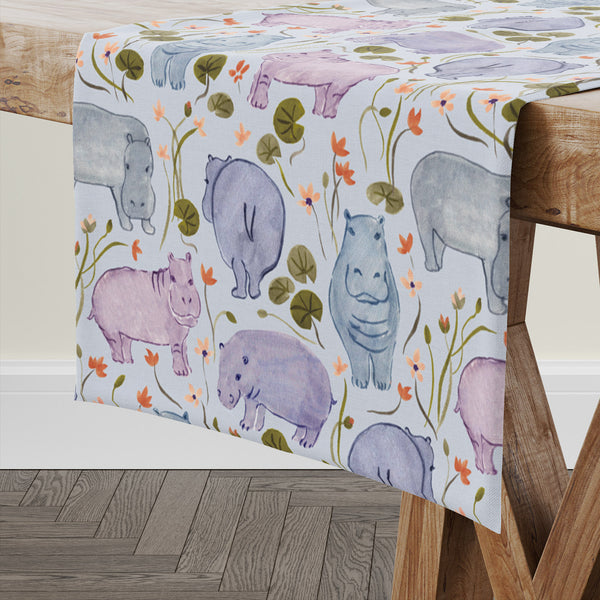 Hippo lover gift handmade by the artist in Massachusetts - kitchen or facial towel with chunky hippopotamuses and lotuses.
