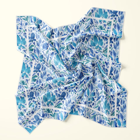 Blue gestural watercolor floral silk scarf by Darya Karenski