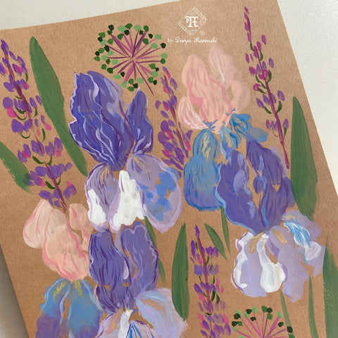 Iris wall art - farmhouse flower wall art. Purple flower painting. Farmhouse prints by New England artist Darya Karenski 