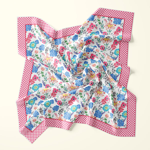 Best gift for her - silk scarf with hot pink and blue flowers made in the USA