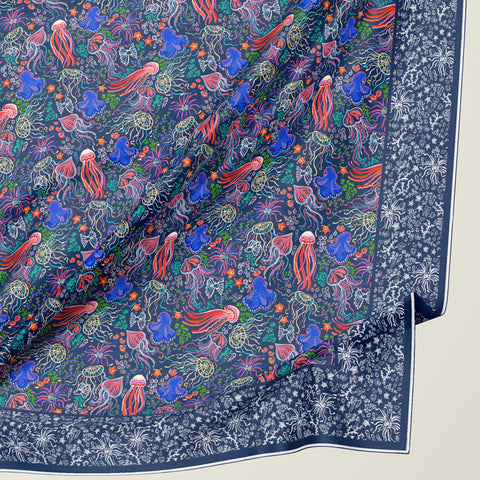 Silk scarf for marine biology lover with bioluminescent ocean animals by Darya Karenski