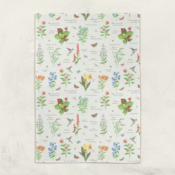 Luxury kitchen towel with trillium, monarda, cardinal flower, milkweed.