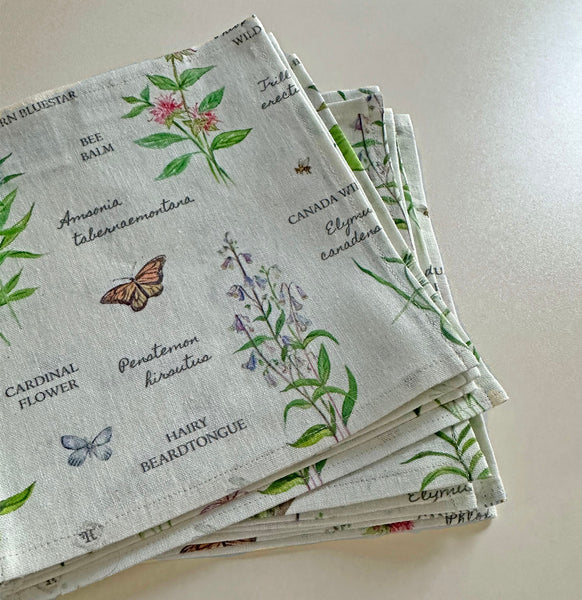 Set of 4 linen dinner napkins cloth, eco conscious  botanical napkins with native plants handmade in the USA by textile designer Darya Karenski