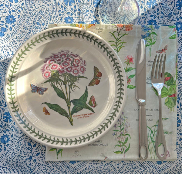 Decorative cotton linen dinner napkins cloth, eco conscious  cream floral napkins with Massachusetts wildflowers handmade in the USA by textile designer Darya Karenski