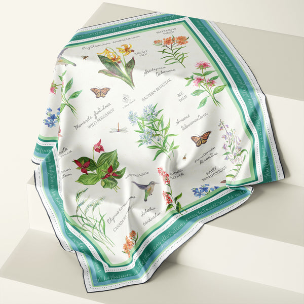 Genuine silk scarf with watercolor illustration and binomial nomenclature names of New England native plants by Boston artist Darya Karenski.