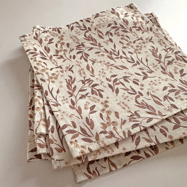 Decorative cotton linen dinner napkins cloth, eco conscious  cream harvest  napkins with brown branches handmade in the USA
