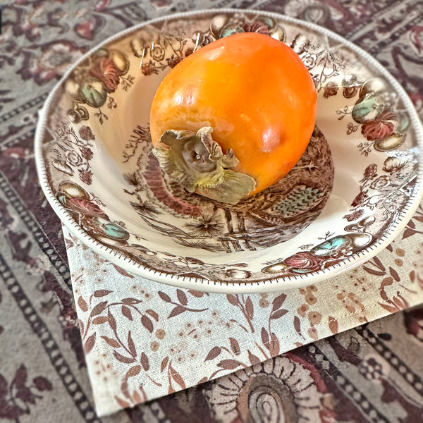 Ivory linen cotton cocktail napkin with autumn botanical print, reusable fabric napkins with an elegant pattern in browns