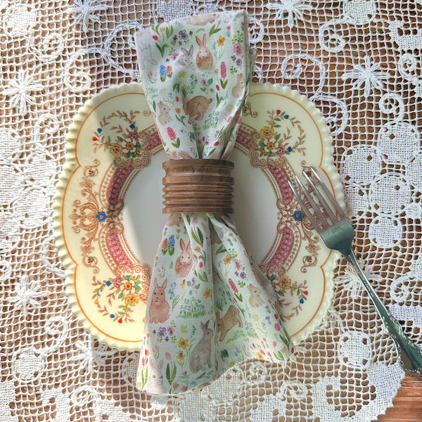 Decorative cotton linen dinner napkins cloth, eco conscious  cream floral napkins with watercolor Easter bunnies handmade in the USA by textile designer Darya Karenski