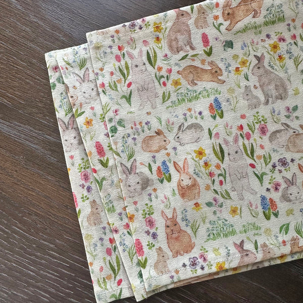 Set of 6 or 4 fabric napkins gift set - artisan linen fabric napkins made in the USA, Boston. Watercolor print with spring bunnies and flowers by Darya Karenski