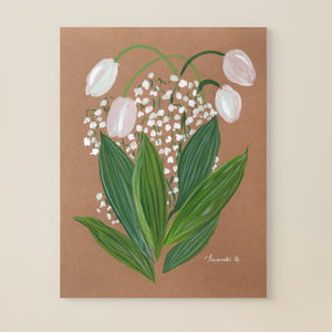 White floral wall art with tulips and lily of the valley | Artist Darya Karenski