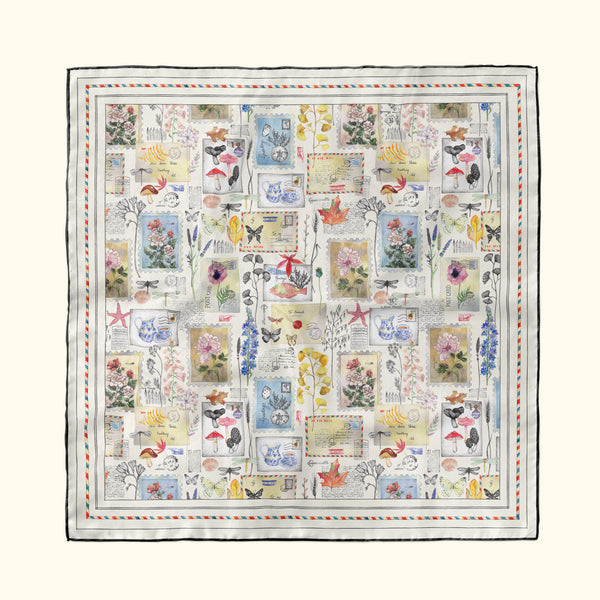 Sophisticated luxury silk scarf by artist Darya Karenski. Vintage mail and botanical illustration inspired textile design with flowers, envelopes, letters, post cards.