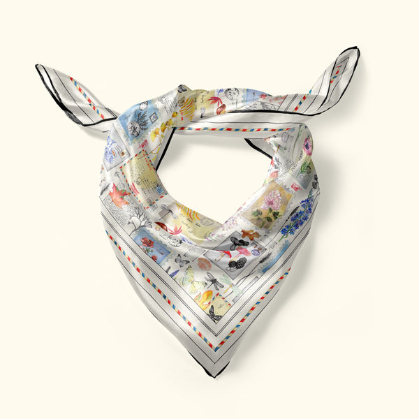 Tied silk scarf by Darya Karenski. Postal Reminiscence design