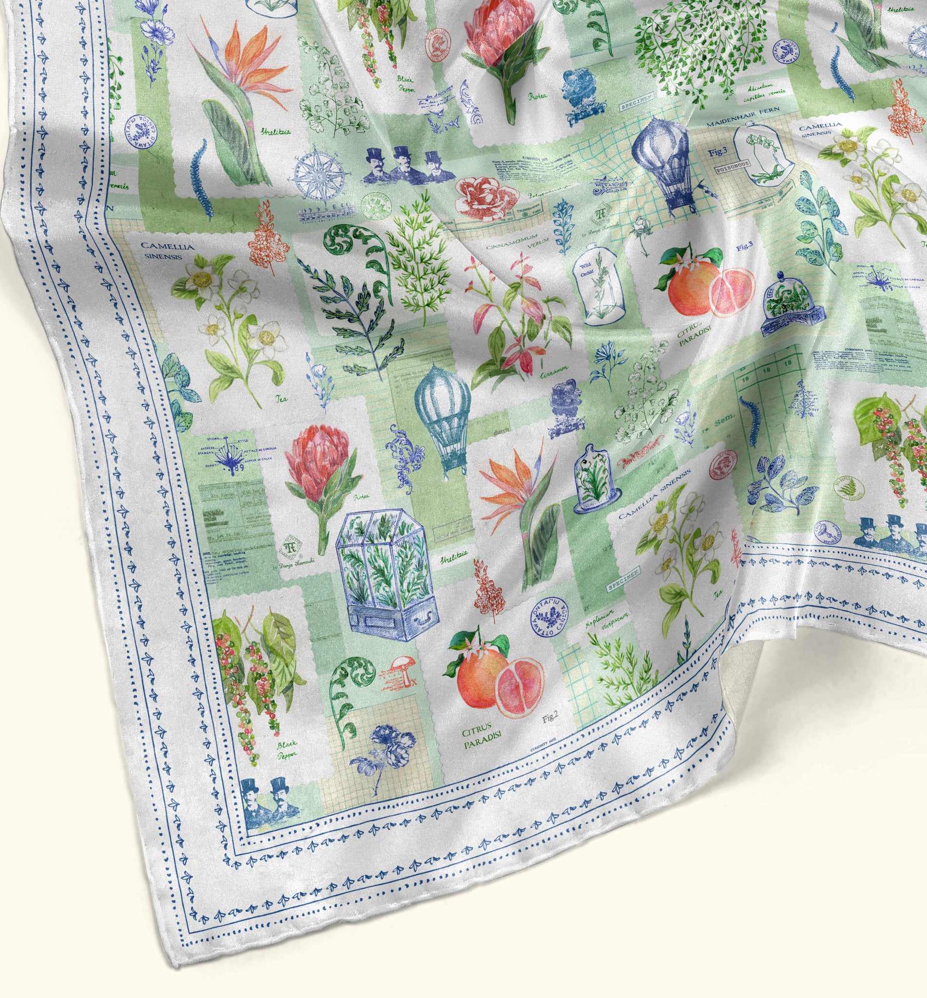 Closeup of a silk scarf by Darya Karenski inspired by Victorian greenhouses and botanical illustration