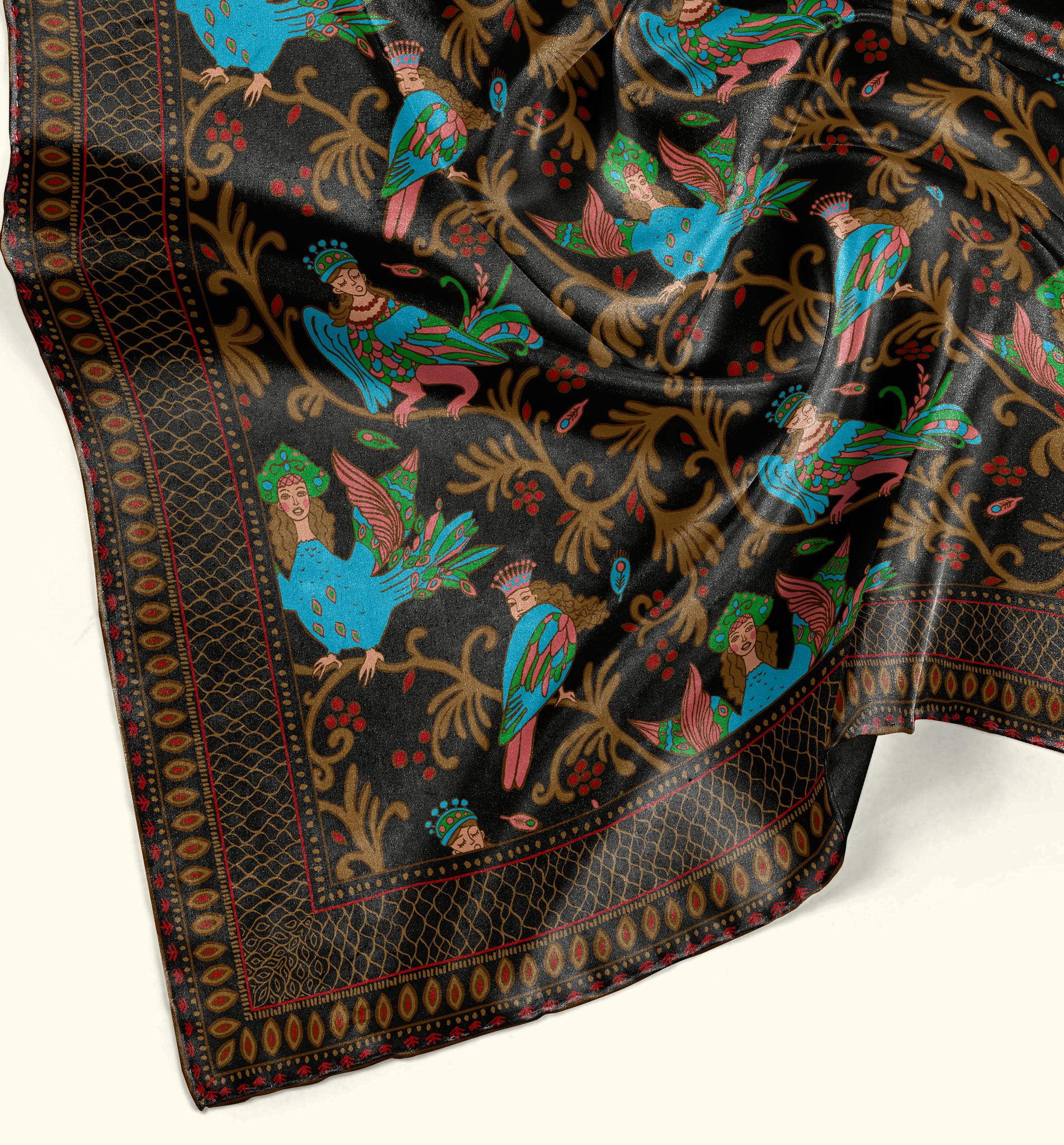Sirin Birds Silk Scarf Available in 2 Sizes - 100% Silk or Vegan Faux Silk - Handmade to Order