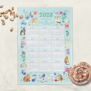 High quality kitchen towel with 2023 calendar, funny cats tea towel