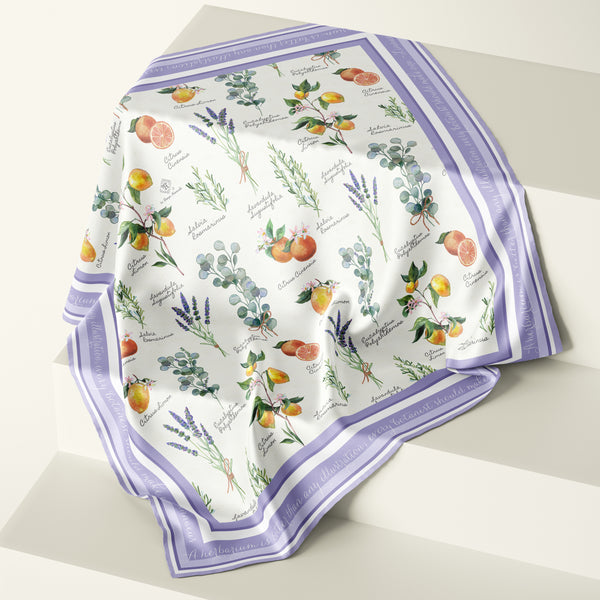 Great botanical illustration lover gift - Aromatherapy silk scarf with citrus plant and herb illustration and Latin plant nomenclature names of aromatic plants and herbs by Darya Karenski. Purple border with script of Carl Linnaeus quote