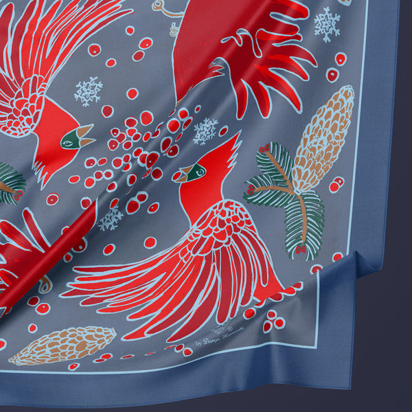 Winter red cardinals Pattern Talent by Darya Karenski luxury silk scarf gift