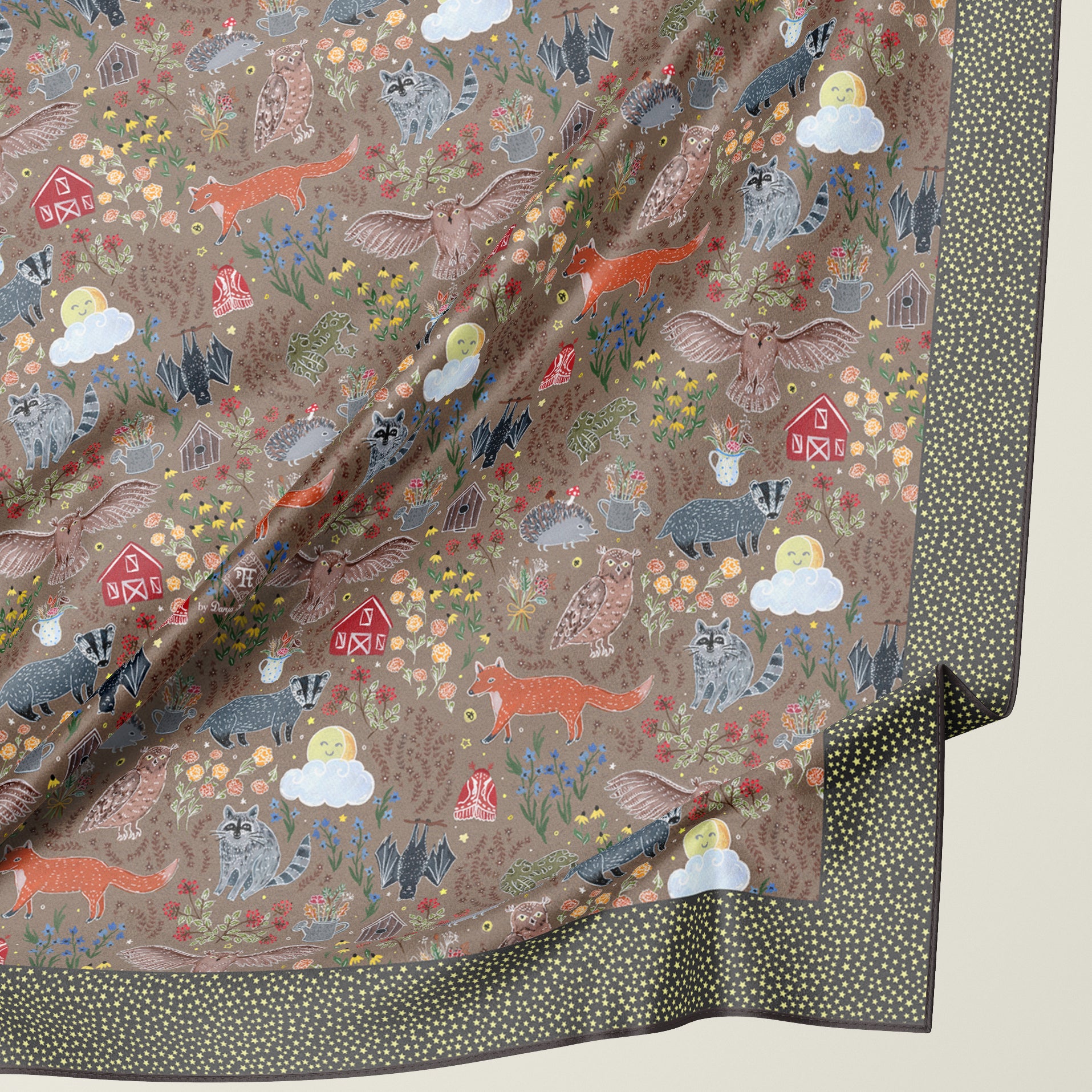Animal lover silk scarf with nocturnal animals and birds by Darya Karenski